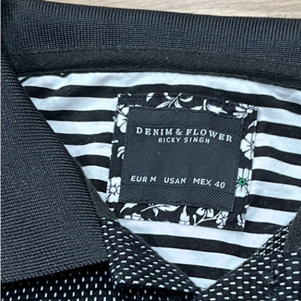 DENIM & FLOWER Ricky Singh Polo Shirt Black Micro White Dot Textured -M - Picture 4 of 10